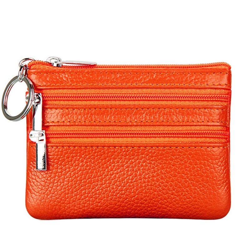 Cynure Women's Genuine Leather Coin Purse Mini Pouch Change Wallet with Keychain, Orange - Image 1